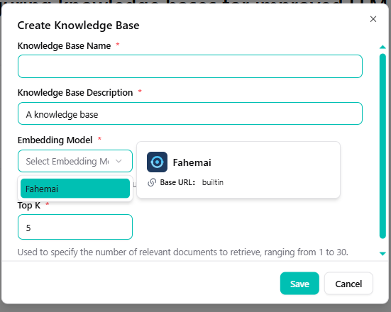 Define Knowledge Base Name and select Model